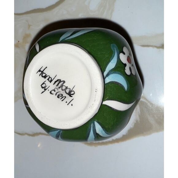 Vintage Pomegranate Vase Small Green Pink White Floral Ceramic Signed 3x3 In - Picture 3 of 8